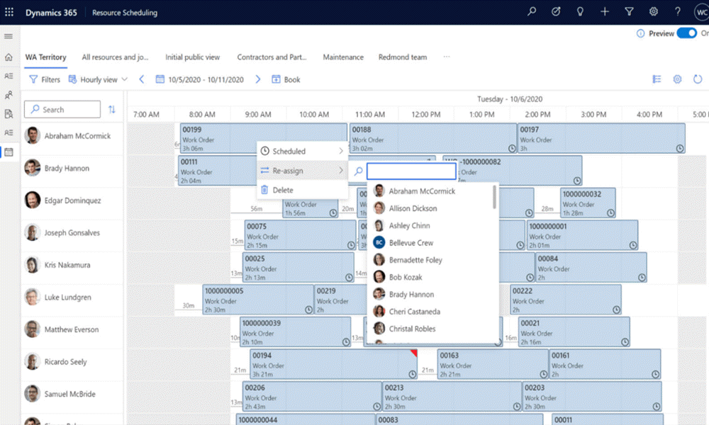 Use the interactive schedule board to assign a technician
