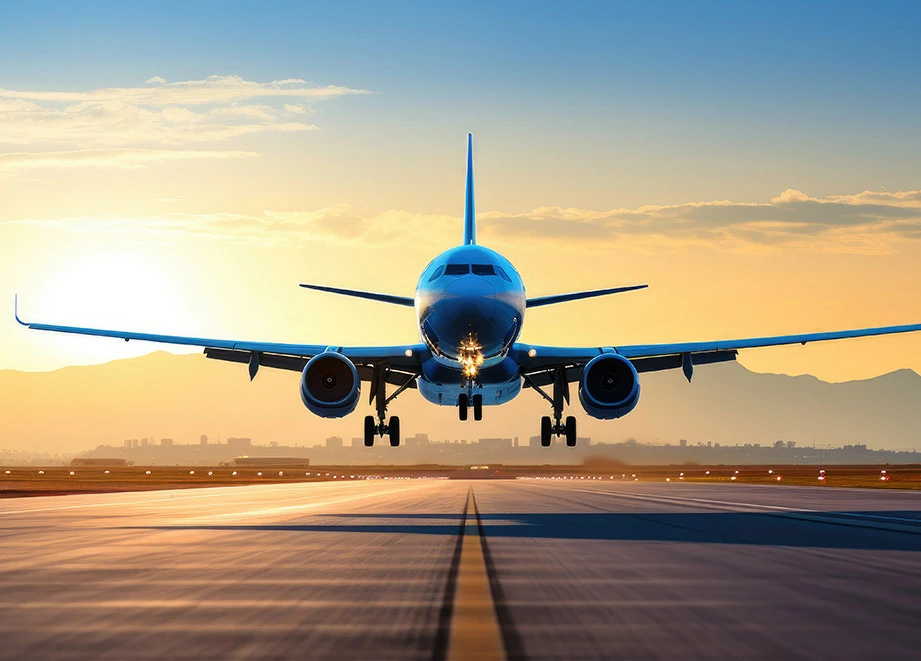 Airplane taking off from runway at sunrise with mountains in the background.