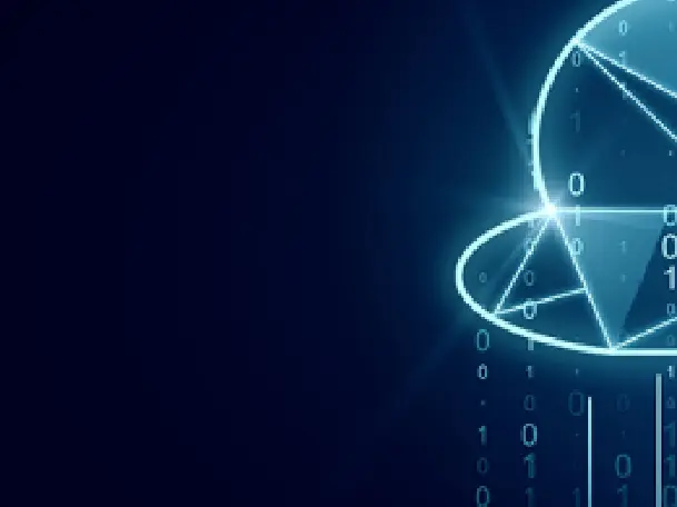 Digital globe with binary code and glowing geometric lines on a dark blue background.