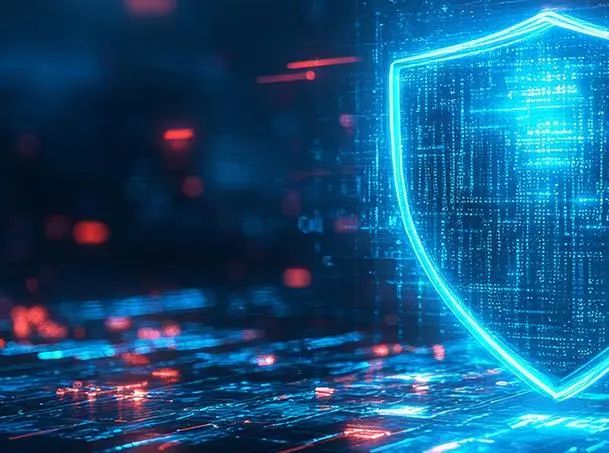 Digital shield icon representing cybersecurity protection in a futuristic technology background.